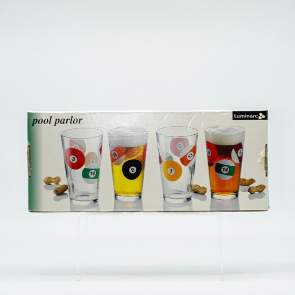 NOS LUMINARC Pool Parlor Pub Pint Glasses 16 oz Set of 4 NIB Bar Decor Arcade - Picture 2 of 7